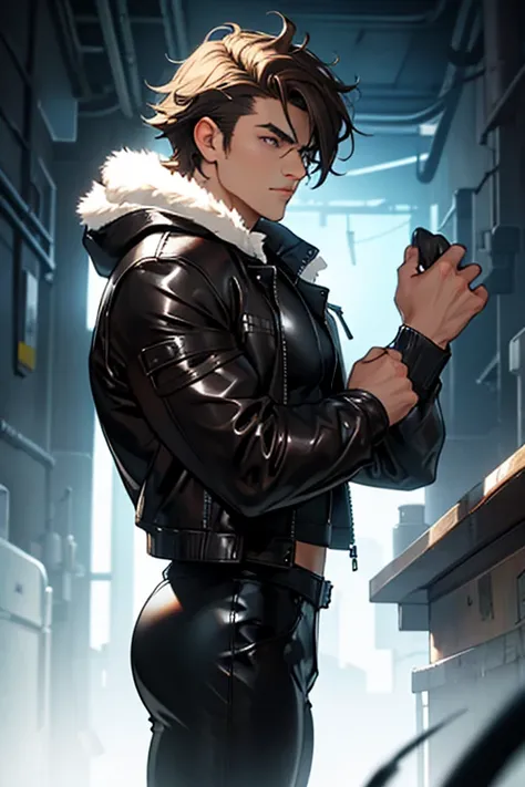 Man with wolf features muscular body short brown hair messy black and brown latex suit leather jacket with hood with white fluff standing eyes