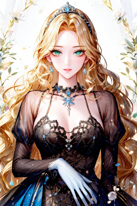 shoujo-style, (floral background, romance manhwa), 1girl, blonde hair, solo, long hair, flower, dress, tiara, white dress, glove...