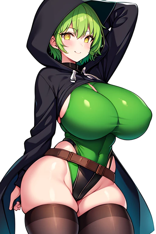 1girl, green hair, very short hair, yellow eyes, light smile, glowing eyes, large breasts, thick thighs, athletic female, toned, leotard, black leotard, thighhighs, belt, knife, knifes, pantyhose, black pantyhose, hood, hood up, hood on, black hood, ninja