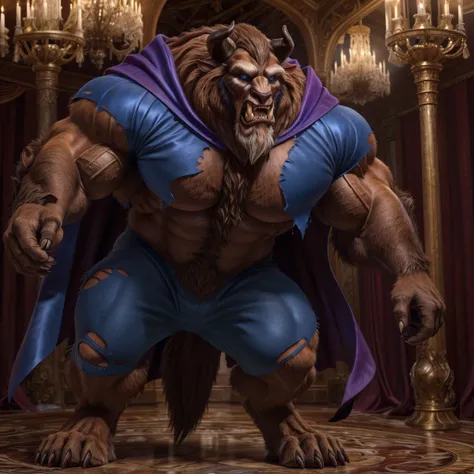 a photorealistic image of the beast from the movie beauty and the beast, super muscular giant, with muscular arms, broad shoulde...