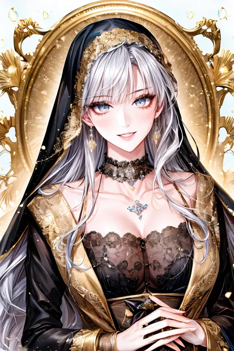 shoujo-style, (floral background, romance manhwa), 1girl, silver hair, solo, long hair, flower, cross, cape, nun, gloves, long sleeves, choker, gray eyes, mascara, makeup, blue bow, blue flower, bob cut, french braid, bow, bra, jewelry, looking at viewer, ...