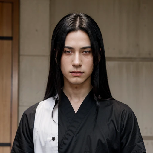 Itachi Uchiha;jovem alto e esguio;straight black hair that falls to the shoulders;pale skin;olhos vermelhos;traje preto de ninja.