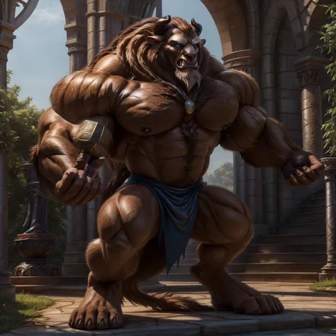 a photorealistic image of the beast from the movie beauty and the beast, super muscular giant, with muscular arms, broad shoulde...