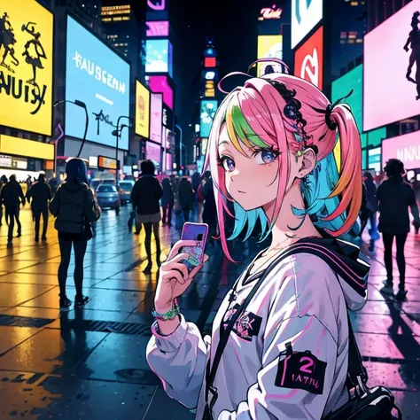 2 meninas、rainbow hair、parca、alpercatas、cabelos lisos、fones de ouvido、longo、(Sentado no meio da estrada)、a noite、neon、Times Square、ciberpunk、Harajuku、Pirulitos、garota da escola、Uma minissaia、colorido