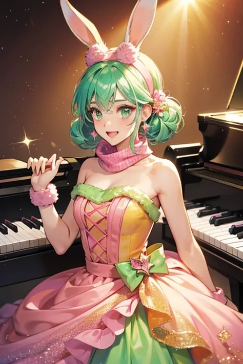 She is a pink female rabbit dressed with a lime green headband, a glittery orange boa scarf, and a teal piano dress. SPARKLE; GLITTER