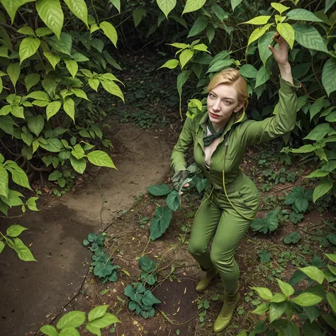 (Show Cate from head to toe)(Cate Blanchett (age 25), dressed appropriate to the scene) is in the Deep Space Exploration Force, having landed her explorer shuttle on a jungle world and set off on foot. She has become ensnared in the eldritch tentacle vines...