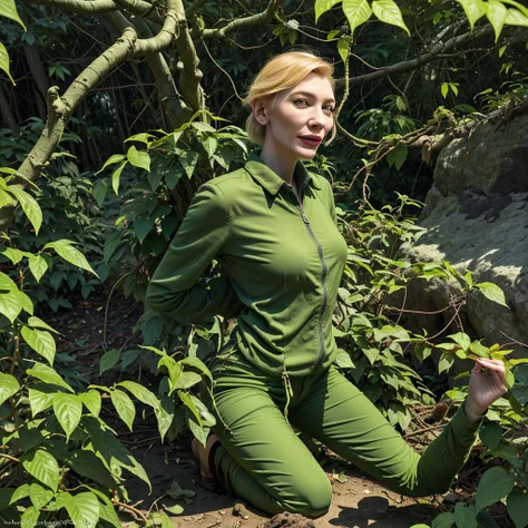 (Show Cate from head to toe)(Cate Blanchett (age 25), dressed appropriate to the scene) is in the Deep Space Exploration Force, having landed her explorer shuttle on a jungle world and set off on foot. She has become ensnared in the eldritch tentacle vines...