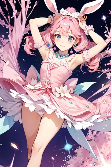 Sakura is a  rabbit who wears a blue beaded necklace and a pink and blue bow on her head. She has curly, fluffy ears, arms, and legs, which are several different shades of pink. SPARKLE; GLITTER