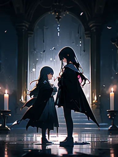 Create an image featuring two girls in a dark, candle-lit basement, One girl is (visibly crying and sad), overwhelmed by her emotions, The other girl is (magical girl who has succumbed to evil), (she stands behind the crying girl), her expression sinister ...