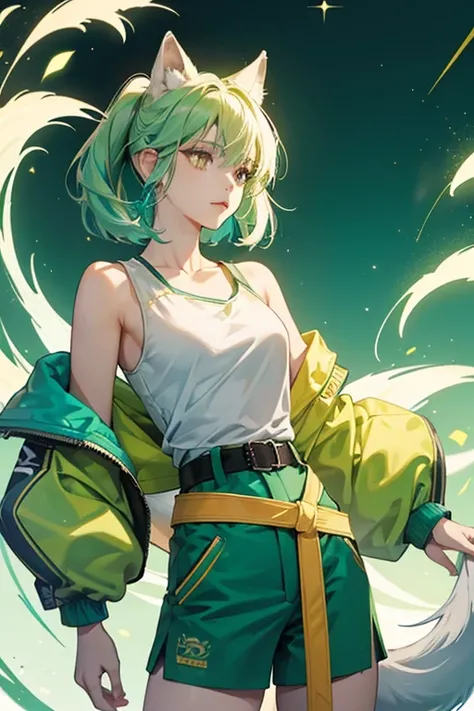 She is a white female wolf with green tips on her ears, hair, and tail. She wears a green top and dark, greenish-blue shorts held up by a yellow belt, with a teal jacket dangling off her shoulder. SPARKLE; GLITTER