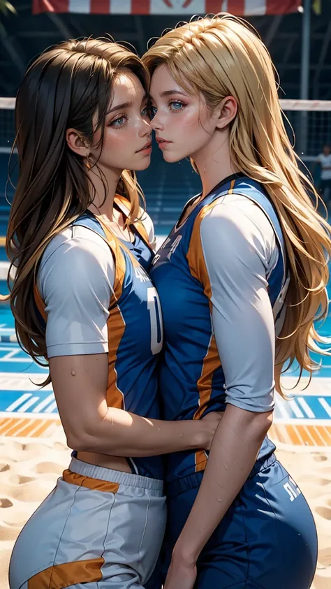 Two women kissing side by side, Wearing a white and blue volleyball suit, No sleeve, At the same height, (Brunette, Sunburned) (Blonde), small, Sweaty chest, masterpiece, highest quality, Great Shadows, Detailed Background, Silk Shot