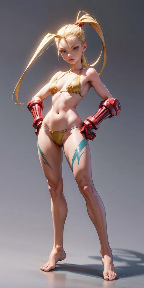 ((plain background)) Cammy White Street Fighter 7th full body 1sologirl barefoot feet together, hands on hips red gloves gauntlets, 1piece yellow bikini slingshot