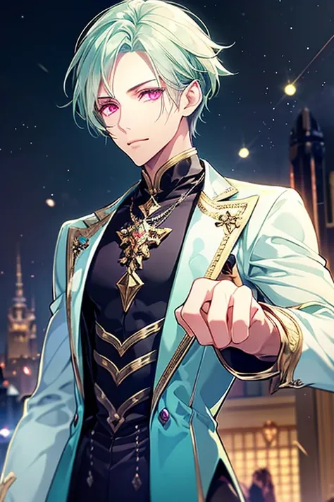 Night view　dark　Sparkling　Fantasy　Fantasy　masterpiece　highest quality　One boy　Green Hair　Pink Eyes　Long sleeve　Cool clothes　Silver decoration