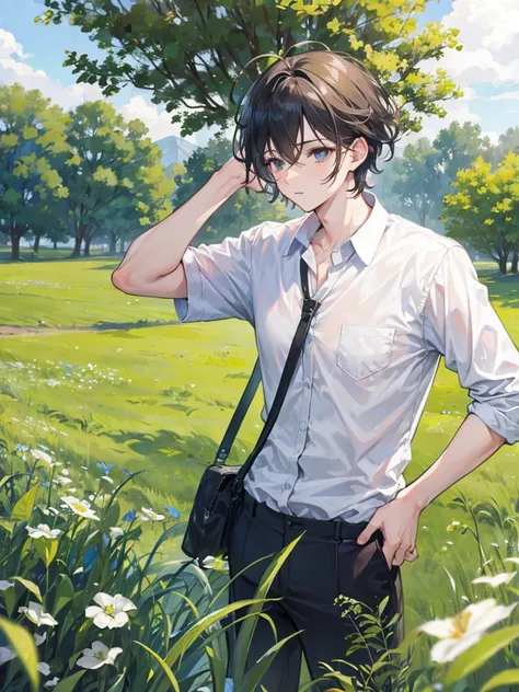 4k realistic, 25 years old, boy, grass, nature, messy hair, short hair