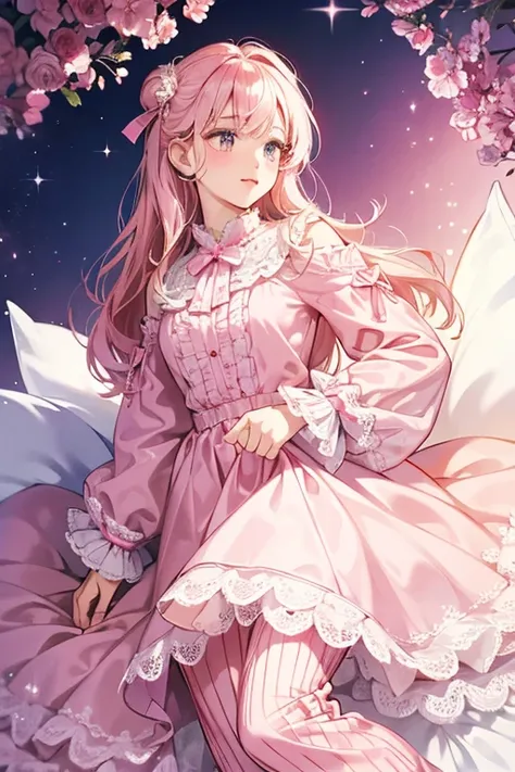 pajamas consist of a pink frilly long-sleeved dress over pink knee-length pants with frilled trim. The cuffs have white lace, and it also has white lace along the chest, as well as a white collar and a white button in front. SPARKLE; GLITTER