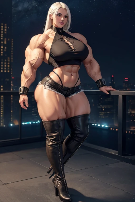 ((((Massive, beautiful, buff, light brown skinned, muscular woman with white hair, black lipstick, ginormous bulky muscles and wearing a beautiful black no shoulder sleeved halter top with dolphin shorts)))), (close view), leather pants, massive muscles, m...