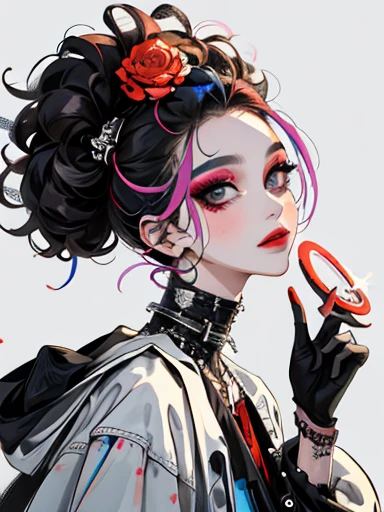 (masterpiece:1.2, best quality), (real picture, intricate details), (1lady, solo, upper body, big) The clothes ar：avant-garde，avant-garde，Experiment with appearance：curlies，Dramatic makeup，Unconventional fashion choice behavior：rebelliousness、non-conformis...