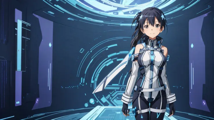 kirito, stellar blade tights blushing and smiling standing alone on a spaceship, big breasts breast enlargement breasts pumped u...