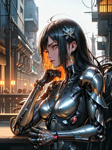 Top Quality, Masterpiece, Ultra High Resolution, ((Photorealistic: 1.4), Raw Photo, 1 cyberpunk Girl, Glossy Skin, 1 Mechanical Girl, (Ultra Realistic Details)), mechanical limbs, tubes connected to the mechanical parts, mechanical vertebrae attached to th...