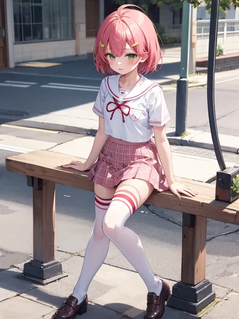 masterpiece, best quality, 1 girl, solo, MikoSchool, ahoge, short hair, hairclip, , white shirt, sailor collar, pink skirt, plaid, thighhighs, short sleeves,  looking through legs, full body,