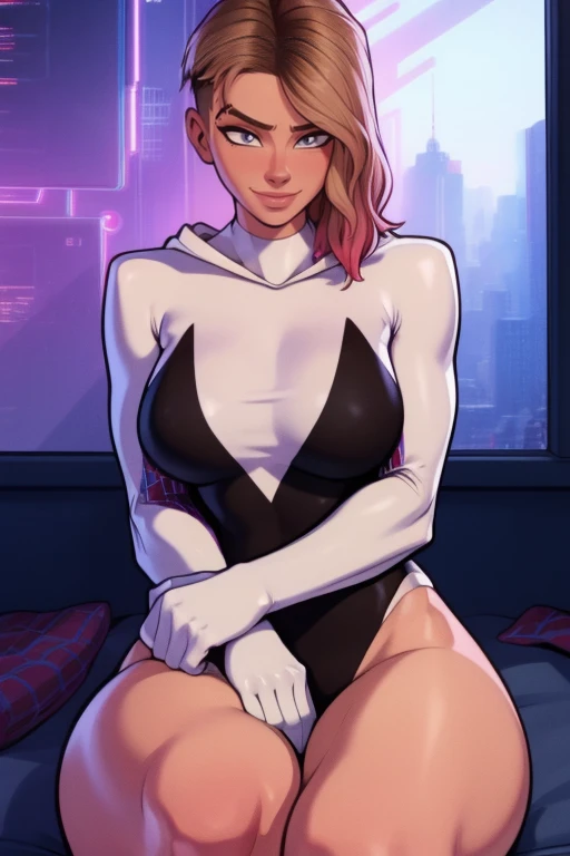 Gwen style, 8k, hdr, ureal engine, ultra quality, big breasts  Beautiful woman colored hair, sitting cross-legged, ripped clothes, long breasts,detailed realistic cyberpunk style, brown hair, body,