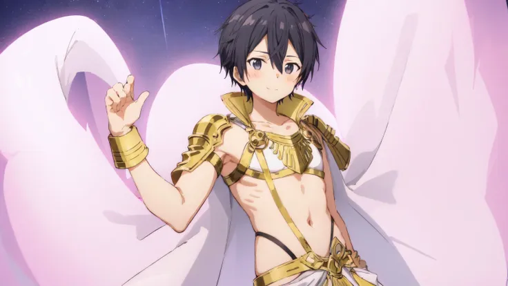 kirito, pink egyptian dancer&#39;s clothing, blushing and smiling, standing alone on the spaceship, big breasts breast enlargeme...