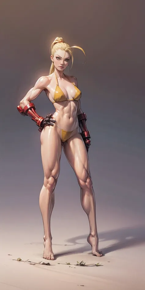 ((plain background)) Cammy White Street Fighter 7th full body 1sologirl barefoot feet together, hands on hips red gloves gauntlets, 1piece yellow bikini slingshot