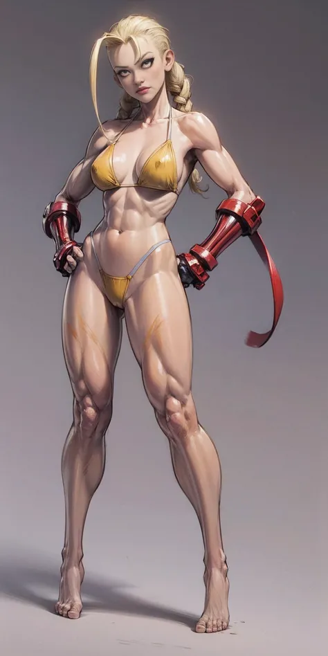 ((plain background)) Cammy White Street Fighter 7th full body 1sologirl barefoot feet together, hands on hips red gloves gauntlets, 1piece yellow bikini slingshot