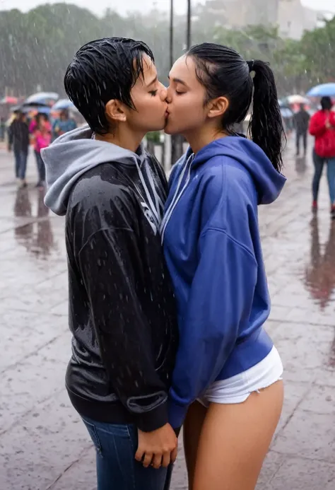 18-year-old Mexican girl with a thin complexion with a somewhat large bust, a medium and firm butt, wearing wet casual clothes in a plaza in Mexico with the rain, giving herself a kiss with a 17-year-old white-skinned boy with a somewhat fat complexion and...