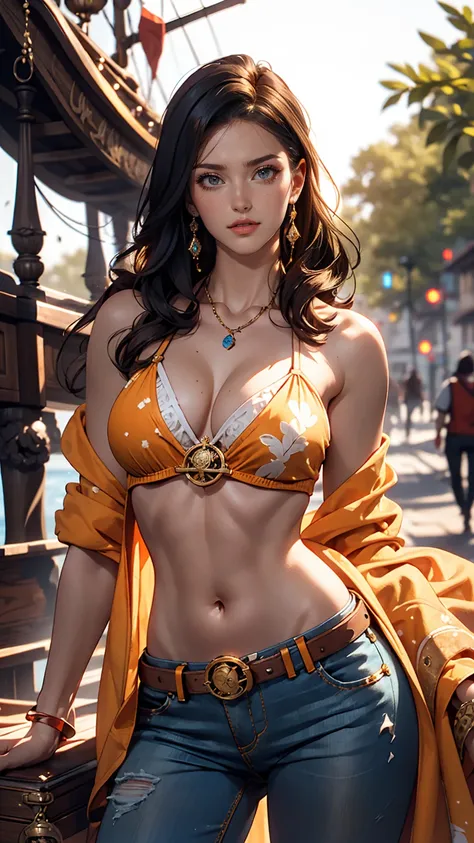 Very beautiful Nico Robin (one piece), Subtle makeup, Moneyen hour, Realistic, High Contrast, 8K HD, detailed, hyper-detailed, Realistic skin texture, orange long hair, Bikini top only, Blue pants, Large Breasts, highest quality, Ultra-high resolution, RAW...