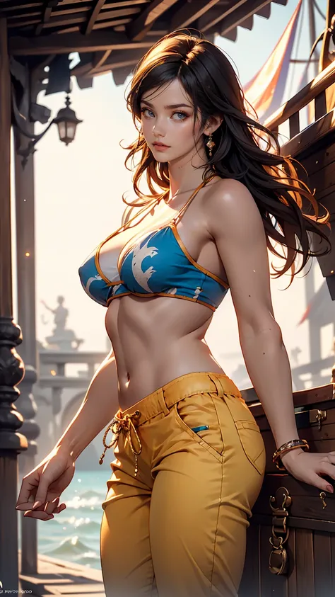 Very beautiful Nico Robin (one piece), Subtle makeup, Moneyen hour, Realistic, High Contrast, 8K HD, detailed, hyper-detailed, Realistic skin texture, orange long hair, Bikini top only, Blue pants, Large Breasts, highest quality, Ultra-high resolution, RAW...