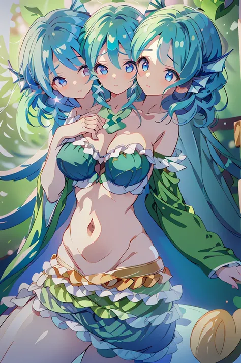 (masterpiece, best quality), best quality, (ultra-detailed), (3heads:1.5), 1girl, (ultra-detailed), (3heads:1.5), 1girl, (wakasagihime:1.3), masterpiece, best quality, ultra quality, ultra resolution, ultra detail, green top, crop top, ((stomach)), midriff...