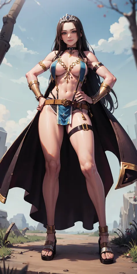 full body whole body 1sologirl loincloth standing warrior proud expression, hands on hips, loincloth standing, hands on hips, metal sandals, choker, big belt, view from below, feet together, bracers, tiara