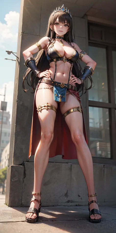 full body whole body 1sologirl loincloth standing warrior proud expression, hands on hips, loincloth standing, hands on hips, metal sandals, choker, big belt, view from below, feet together, bracers, tiara