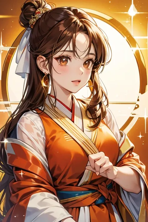 Haruna has brown hair with a bang brushed left tied into a bun, fair skin, and reddish brown eyes. Haruna wears makeup, a big reddish orange jewel accessory, and golden little earrings. SPARKLE; GLITTER