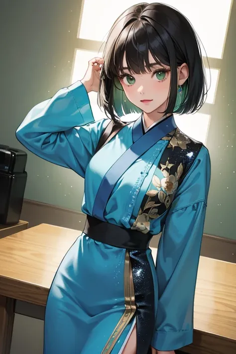 Hasegawa is a girl with bob-cut black hair with a bang divided into two sections while the right side is brushed and green eyes.

She wears a . SPARKLE; GLITTER