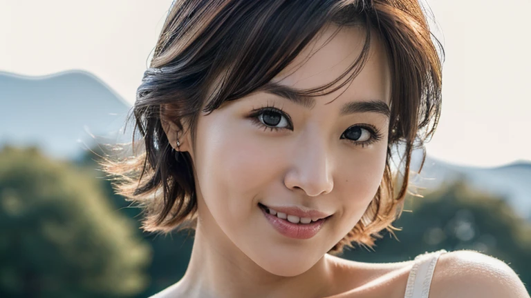 highest quality, 8k wallpaper, masterpiece, Realistic, Thick eyebrows, Ultra-high resolution, Very detailed, Professional Lighting, smile, Eagle Nose, short hair, Upper Body, ((View your viewers)), Cleavage