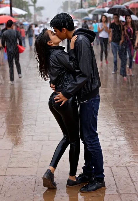 18-year-old Mexican girl, slim complexion with a somewhat large bust, a medium and firm butt, wearing wet casual clothes in a plaza in Mexico with the rain, having a kiss with a white-skinned boy, with a little belly of 17 years old 1.72m de alto con el pe...