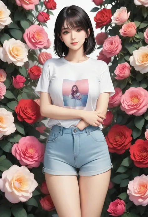 masterpiece, young and beautiful girl, smile, looking into the camera, standing in front of a group of roses, wearing shorts and...