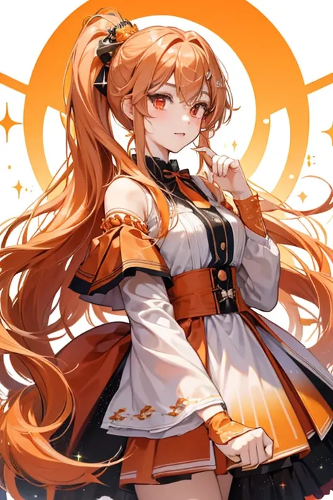 Kaede is a fair-skinned girl with long orange hair that have a darker ombre of a same color at the bottom and her hair is tie into a left side side half ponytail by an accessory consisting of two red sphere jewels. Kaede also has orange eyes. SPARKLE; GLIT...