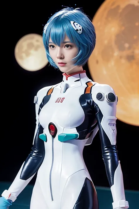 (highest quality, High resolution, Tabletop:1.2), One Girl, Ayanamirei, Bobcut, Plug Suit, Upper Body View、Interface Headset, Lunar background, Light blue hair color,  View Viewer