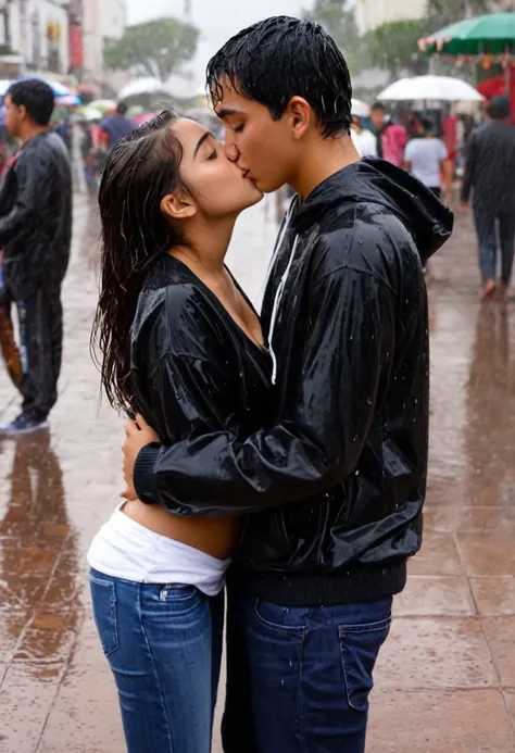 18-year-old Mexican girl, slim complexion with a somewhat large bust, a medium and firm butt, wearing wet casual clothes in a plaza in Mexico with the rain, having a kiss with a white-skinned boy, with a little belly of 17 years old 1.72m de alto con el pe...