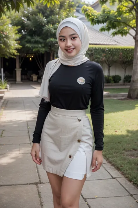 ((best quality)), ((masterpiece)), (detailed), perfect face, young sweet beautiful Indonesian girl, 17 years old, georgeus sweet face, slim body, medium size breasts, descent mixed from sundanese and javanese, wearing white thin hijab that covering all her...