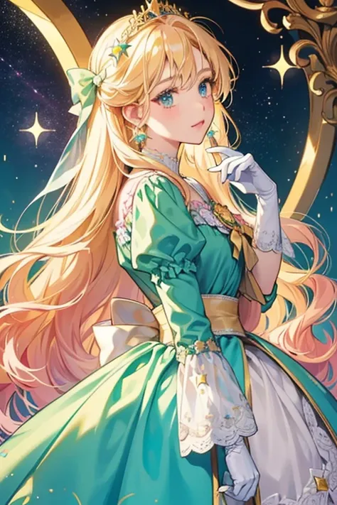 Lucia have long, wavy yellow hair with green ends decorated by stars. Lucia have teal eyes and fair skin and she wears a colorful pastel dress with a big pink bow with a golden circle star brooch on the chest and some stars with circle looking like a garla...