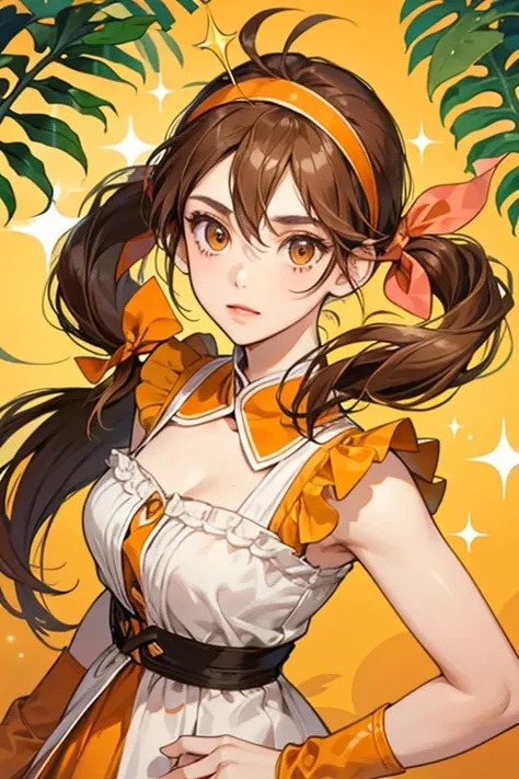 Mika is a fair skinned girl with brown eyes and brown hair that is tied into big pigtails. Mika wears an orange headband with an orange with long leaves. Mika also have an antenna that can appear to have a white glove sometimes. SPARKLE; GLITTER