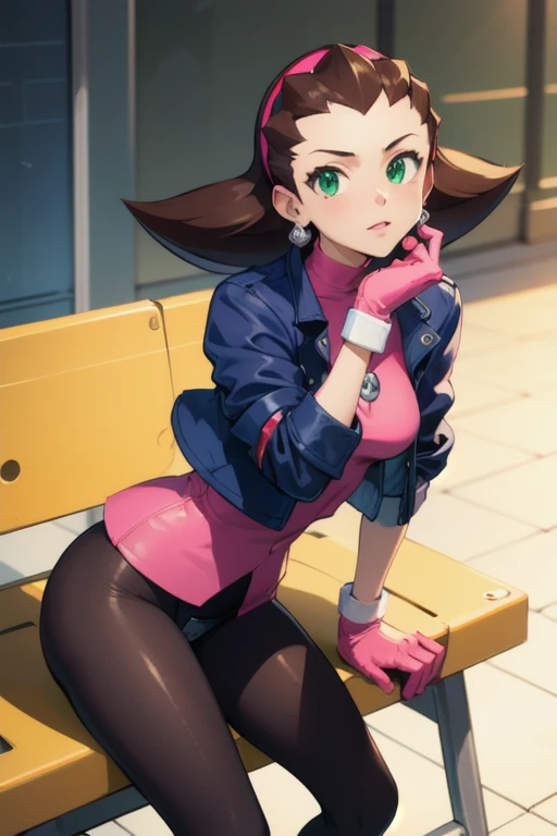 (masterpiece, best quality:1.2), solo, 1girl, tron_bonne_megamanl, looking at viewer, sitting, hand on own face, brown hair, hair pulled back, hairband, green eyes, cropped jacket, pantyhose, pink gloves, jewelry, earrings