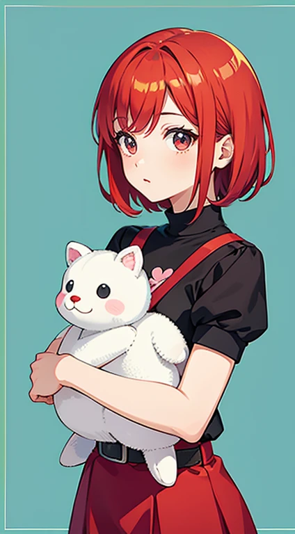 a girl with short hair holding a stuffed animal in her hands, red hair,anime visual of a cute girl, cute anime girl, cute anime, , soft anime illustration, cute kawaii girl,  cute anime style, kawaii anime manga style, w anime moe artstyle, cute artwork, 