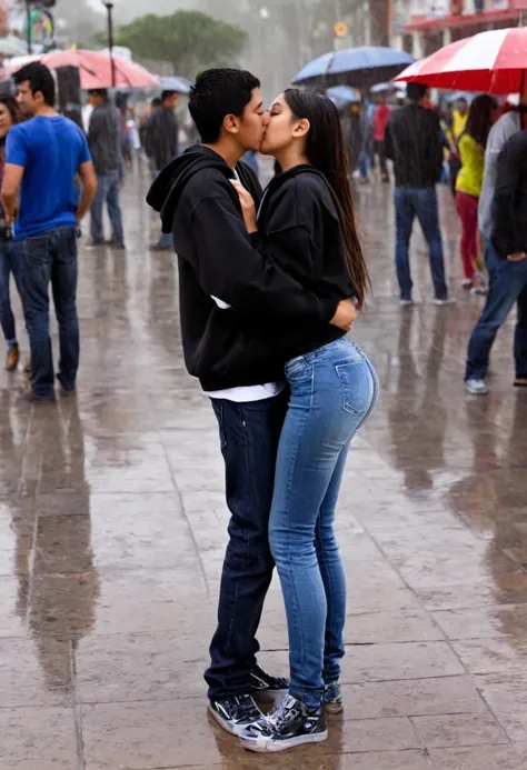 18-year-old Mexican girl, slim complexion with a somewhat large bust, a medium and firm butt, wearing a sweatshirt and jeans in a plaza in Mexico with the rain, having a kiss with a white-skinned boy, with a little belly of 17 years old 1.72m de alto con e...