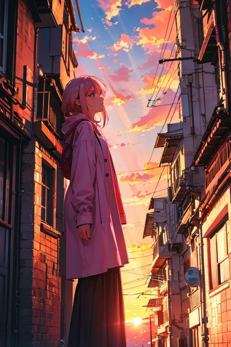 Woman standing against the backdrop of the sunset(pink hair)