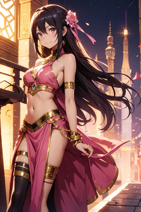 kirito, pink egyptian dancer&#39;s clothing, blushing and smiling, dark skin and long hair, standing alone in the dance hall, bi...